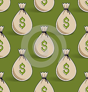 Money bags seamless background, backdrop for financial business website or economical theme ads and information, vector wallpaper