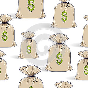 Money bags seamless background, backdrop for financial business website or economical theme ads and information, vector wallpaper