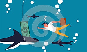Money bait and fraud on rod hook. Business finance concept and fish hunting for temptation vector illustration. Man with risk and