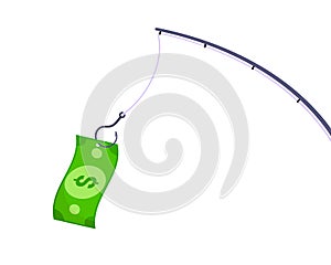 Money bait and money trap business concept. Fishing rod with hook and banknote dollar