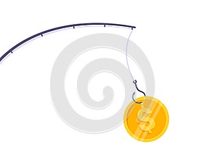 Money bait and money trap business concept. Fishing rod with hook and dollar coin flat style design vector illustration