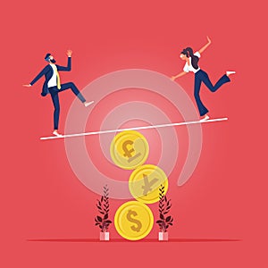 Money balance concept-Business people balancing not to fail from seesaw on golden coin