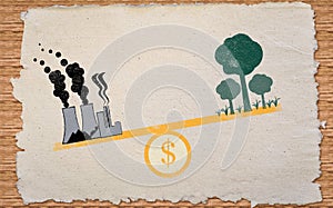 Money balancing industry and nature, illustration