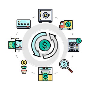 Money and Banking icons set in a circle. Credit Card, Currency Exchange, Atm, Terminal promotion icon illustration