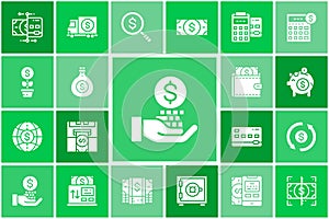 Money and Banking icons set. Credit Card, Currency Exchange, Atm, Terminal vector illustration for advertisement, header