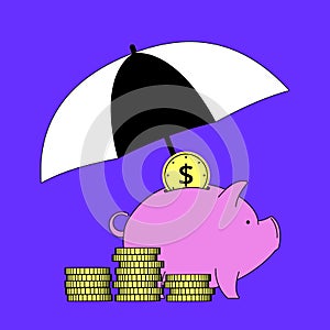 Money banking insurance concept. Piggy bank and golden coins under umbrella. Creative financial saving, retirement or