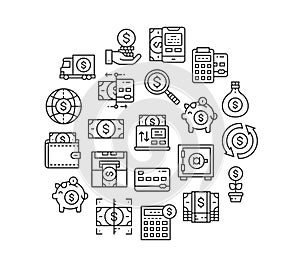 Money and Banking line icon set. Credit Card, Currency Exchange, Atm, Terminal icons in a circle isolated on white