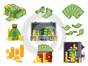 Money banknote. Cash bag, banknotes wallet and dollars heap in safe. Lots dollar piles and gold coins isometric vector