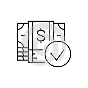 Money banknotes with check mark, credit approved lineal icon. Cash payment, paper bill, dollar symbol design.