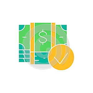 Money banknotes with check mark, credit approved white outline icon. Cash payment, paper bill, dollar symbol design.