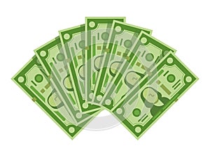 Money banknotes fan. Pile of dollars cash, green dollar bills heap or monetary currency isolated vector illustration