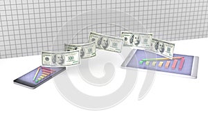 Money and bar chart on touchscreen smart phone. 3D rendering