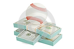 Money and baseball ball. Online sport bets. 3D rendering