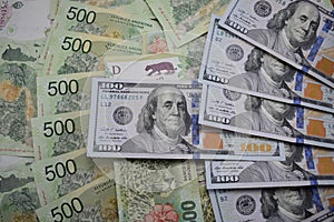 Money bills, the Argentine peso and US dollars