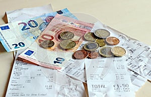 Money and bills. Cash receipt obligation in shops photo