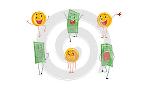 Money Bills and Golden Coins Humanized Characters with Funny Faces, Cute Banknotes with Various Emotions Vector