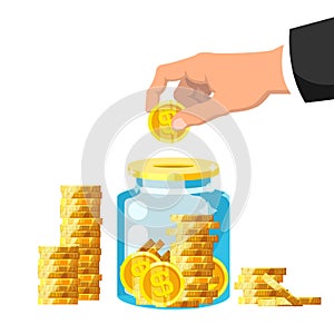 Money box. Businessman hand putting golden coin