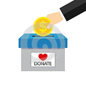 Money box for charity donate. Hand giving coin for charity help. Campaign of fundraising for donate. Icon of fund of donation.