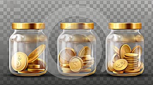 Money box with gold coins for tips, savings, or donations isolated on transparent background. Modern realistic set of