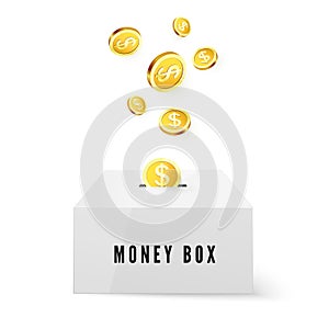 Money Box and Golden Coins. Money drop into box. Vector illustration isolated on white background