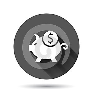 Money box icon in flat style. Pig container vector illustration on black round background with long shadow effect. Piggy bank