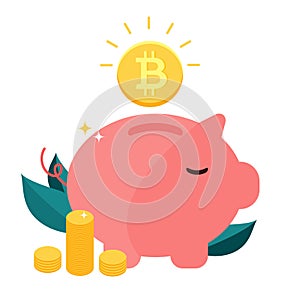 Money box pig with falling bitcoin.