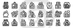 Money box tips icons set outline vector. Donation savings