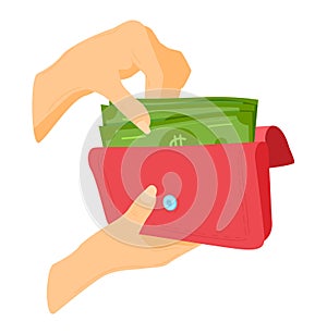 Money, business cash currency from walet isolated on white, vector illustration. Economy finance element in cartoon