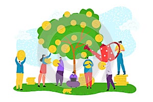 Money business investment coin tree, vector illustration. Cartoon financial profit concept, flat finance wealth concept.