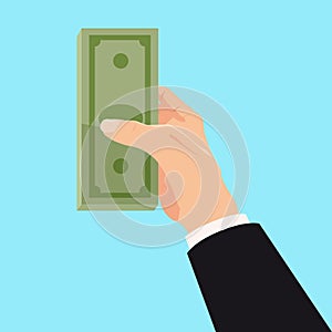 Money on Businessman hand, bill, bank note. Businessman giving a cache. Vector illustration in carton style isolated
