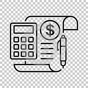 Money calculation icon in transparent style. Budget banking vector illustration on isolated background. Financial payment business