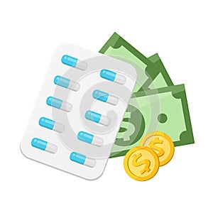 Money and capsule medicine for health finance, money for expensive medicine and healthcare spendings, money and medicine for