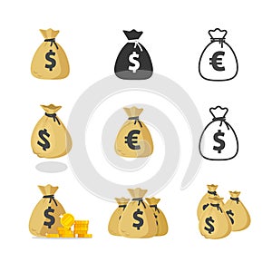 Money cash bag icon vector isolated, euro and dollar currency sack flat cartoon, isometric and line outline stroke style