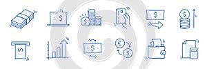 Money cash, coin business doodle icon set. Dollar coin, money profit doodle line sketch business inflation, cash payment