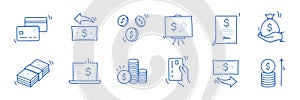 Money cash, coin business doodle icon set. Dollar coin, money profit doodle line sketch business inflation, cash payment