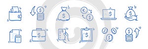 Money cash, coin business doodle icon set. Dollar coin, money profit doodle line sketch business inflation, cash payment