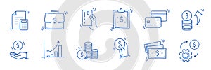 Money cash, coin business doodle icon set. Dollar coin, money profit doodle line sketch business inflation, cash payment