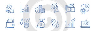 Money cash, coin business doodle icon set. Dollar coin, money profit doodle line sketch business inflation, cash payment