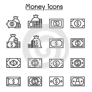 Money, cash, currency icon set in thin line style, editable stroke