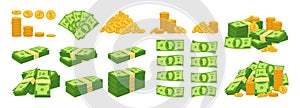 Money cash dollar stack pile coin cartoon set bank currency paper green dollars bill finance vector