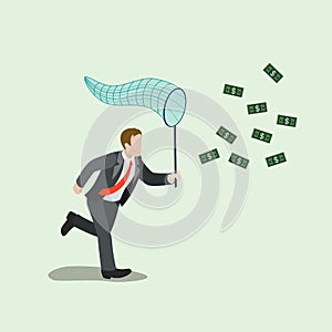 Money catching business dollars scoop net flat isometric vector