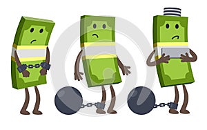 Money characters chained and shackled a iron prison ball. Criminal money, arrest of the account