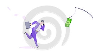 Money chase business concept with businessman running after dangling dollar and trying to catch it.