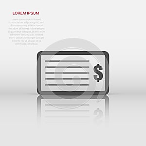 Money check icon in flat style. Bank checkbook illustration pictogram. Checkbook sign business concept