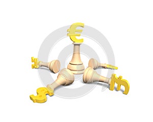 Money chess with golden euro currency king, 3D illustration.