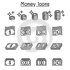 Money ,Coin, Cash, Currency , Bank note icon set in thin line st