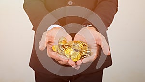 The money coin on hands or coins exchange