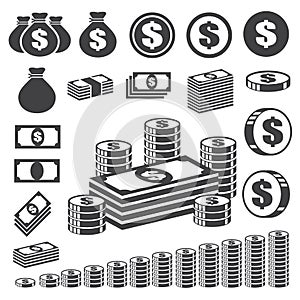 Money and coin icon set. photo