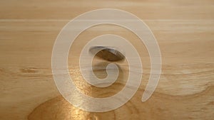 Money coin rotating and spinning on wooden table. Hands pick up and twirl a quarter in business concept.