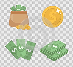 Money and coin set icons flat style, isolated on transparent background. Vector illustration.